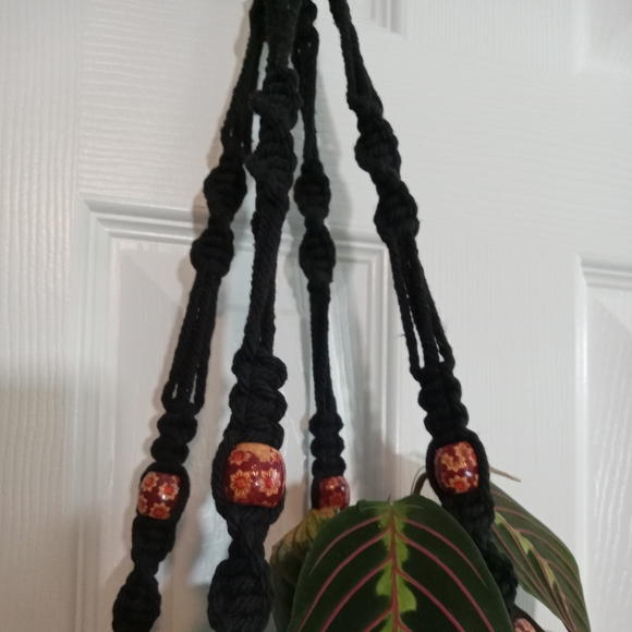 Plant Hanger Macrame Black Floral Beads Set Of 2 With Rings Handmade Small Med - Picture 7 of 15